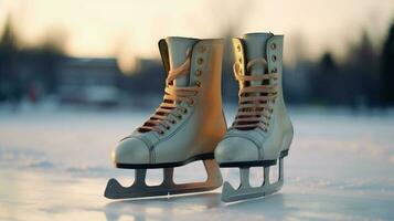 schoenen van ijs skates in de sneeuw ai gegenereerd foto