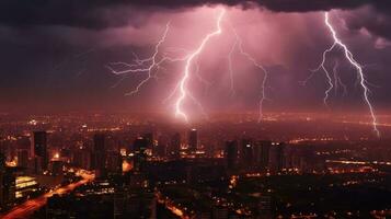 bliksem storm over- een stad ai gegenereerd foto