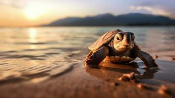 baby schildpad Aan de strand ai gegenereerd foto