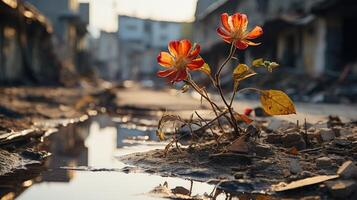 een bloem in de vernietigd stad ai gegenereerd foto