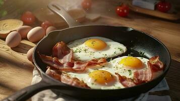spek en eieren in een pan. samenstelling met smakelijk gebakken eieren en spek Aan houten tafel. ai generatief foto