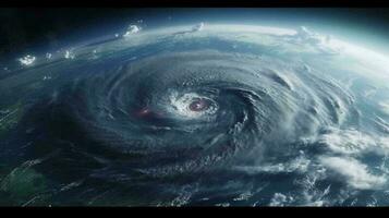 visie van ruimte van bovenstaand Aan een orkaan tornado kolken van wolken en wind, een storm voorkant van slecht weer en natuurlijk ramp. ai gegenereerd foto