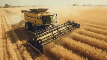 de oogstmachine ritten door de veld- met tarwe en verzamelt de agrarisch graan Bijsnijden. de concept van modern agro-industrie en voedsel productie. ai gegenereerd foto