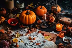spookachtig halloween pompoen in de Woud gemaakt gebruik makend van generatief ai foto