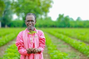 Indisch gelukkig boer Holding katoen boom in handen, gelukkig boer foto