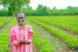 Indisch gelukkig boer Holding katoen boom in handen, gelukkig boer foto