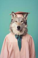 wolf in diploma uitreiking pet en gewaad. realistisch portret. generatief ai foto