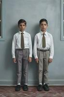 twee jong jongens in grijs broek en banden poseren in voorkant van een blauw muur foto
