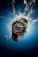 waterbestendig luxe Mannen kijk maar onderwater- in de oceaan of zee reclame concept, op maat gemaakt water bestendig ontwerp, generatief ai foto