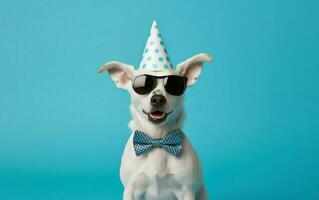 grappig huisdier vieren, schattig hond in wit partij hoed, boog stropdas en zonnebril over- blauw achtergrond, verjaardag banier foto