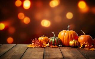 dankzegging dag met pompoenen en esdoorn- bladeren Aan donker bokeh lichten bruin achtergrond. herfst samenstelling met kopiëren ruimte. houten tafel. halloween concept. feestelijk atmosfeer. foto