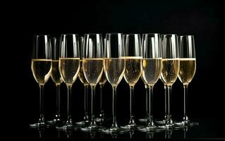 partij rij van Champagne bril Aan tafel Aan de donker achtergrond. veel glas van wit sprankelend wijn. buffet. viering van verjaardag, doop, bruiloft of zakelijke feest. foto