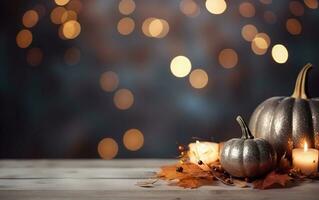 herfst pompoen met kaarsen, esdoorn- bladeren Aan donker bokeh lichten blauw achtergrond met kopiëren ruimte. houten tafel. halloween concept. gelukkig dankzegging. feestelijk atmosfeer. foto