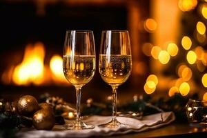 sprankelend wijn, proseco of Champagne in voorkant van een haard Aan een vakantie vooravond viering, vrolijk kerstmis, gelukkig nieuw jaar en gelukkig vakantie foto