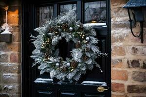 Kerstmis vakantie, land huisje en sneeuwen winter, krans decoratie Aan een deur, vrolijk Kerstmis en gelukkig vakantie wensen, generatief ai foto