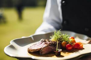 steak geserveerd door een ober Bij een luxe evenement buitenshuis, prima dineren, nabewerkt, generatief ai foto