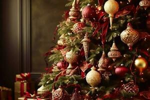 Kerstmis boom met klassiek ornamenten en decoraties, Engels land huis en huisje stijl, vrolijk Kerstmis en gelukkig vakantie wensen, generatief ai foto