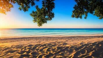 mooi zomer exotisch zanderig strand met wazig boom en zee Aan achtergrond foto