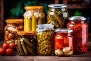 ingeblikt groenten in de keuken tafel voedsel fotografie ai gegenereerd foto