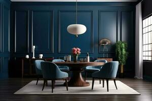 voorraad foto van modern hout blauw dining kamer ultra ai gegenereerd