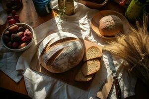 voorraad foto van tarwe brood in keuken tafel vlak leggen ai gegenereerd