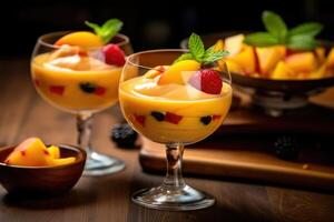 puding fruit cocktail in de keuken tafel voedsel fotografie ai gegenereerd foto