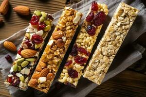 muesli bars in de keuken tafel voedsel fotografie ai gegenereerd foto