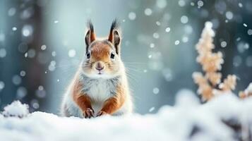 besneeuwd eekhoorn Aan sneeuw achtergrond met leeg ruimte voor tekst foto