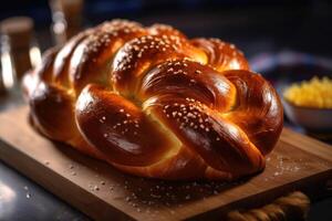 voorraad foto van challah brood in keuken tafel vlak leggen ai gegenereerd