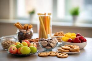 calorie snacks in de keuken tafel voedsel fotografie ai gegenereerd foto