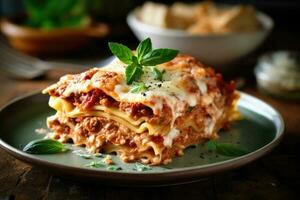 voorraad foto plak van lasagne in keuken tafel vogel visie ai gegenereerd