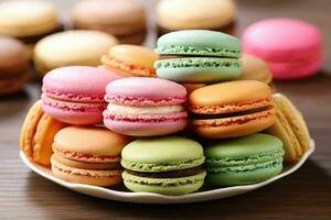 macarons in de keuken tafel voedsel fotografie ai gegenereerd foto