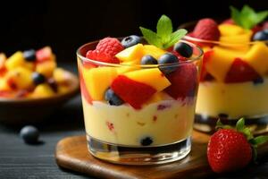 puding fruit cocktail in de keuken tafel voedsel fotografie ai gegenereerd foto