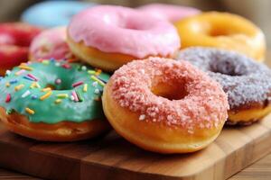 donuts in de keuken tafel voedsel fotografie ai gegenereerd foto