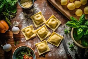 kaas ravioli in de keuken tafel voedsel fotografie ai gegenereerd foto