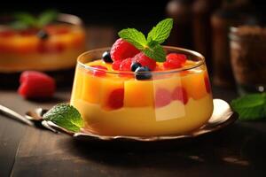 puding fruit cocktail in de keuken tafel voedsel fotografie ai gegenereerd foto