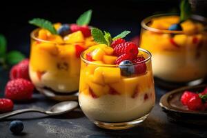 puding fruit cocktail in de keuken tafel voedsel fotografie ai gegenereerd foto