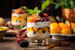 puding fruit cocktail in de keuken tafel voedsel fotografie ai gegenereerd foto