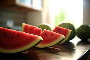 watermeloenen fruit in de keuken tafel voedsel fotografie ai gegenereerd foto