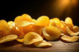 voorraad foto van aardappelen chips voedsel fotografiestudio ai gegenereerd