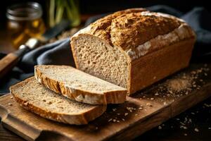 voorraad foto van tarwe brood in keuken tafel vlak leggen ai gegenereerd