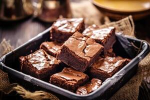 brownies fudgy in de keuken tafel voedsel fotografie ai gegenereerd foto