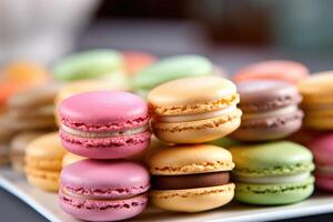 macarons in de keuken tafel voedsel fotografie ai gegenereerd foto