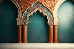 sier- kleurrijk gevormde steen Verlichting in Arabisch bouwkundig stijl van Islamitisch moskee groet kaart voor Ramadan kareem met een plaats voor tekst foto
