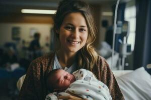 pasgeboren baby in ziekenhuis na alleen maar wezen geboren moeder Holding hem en borstvoeding geeft in ziekenhuis bed foto