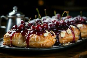 eigengemaakt van heerlijk gebakje of pannekoeken met fruit deens en kers. Deens gebakje en toetje concept door ai gegenereerd foto