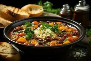 een heerlijk minestrone soep voedsel in een schaal. Italiaans voedsel en gezond eiwit soep maaltijd concept door ai gegenereerd foto