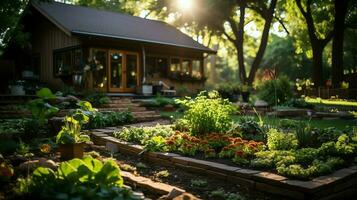 houten huis in dorp met planten en bloemen in achtertuin tuin. tuin en bloem Aan landelijk huis concept door ai gegenereerd foto