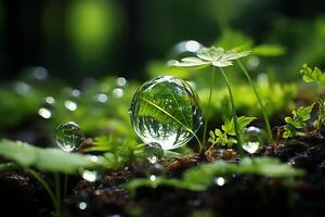 macro schot van groen bladeren met water druppels, dauw of regen laten vallen Aan hen. groen blad natuur Woud concept door ai gegenereerd foto