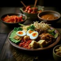 gado-gado Indonesisch traditioneel voedsel. mengen van gekookt of stoom- groente geserveerd met pinda saus concept door ai gegenereerd foto